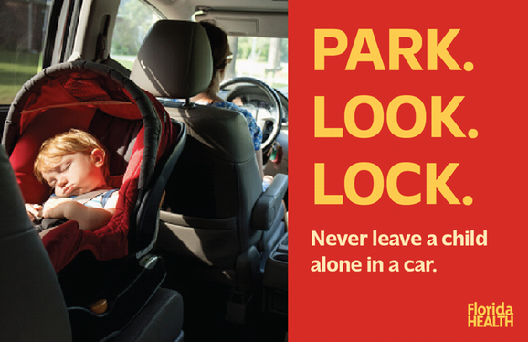 Sleeping child in a car seat while parent is driving. Park. Look. Lock. Never leave a child alone in a car.